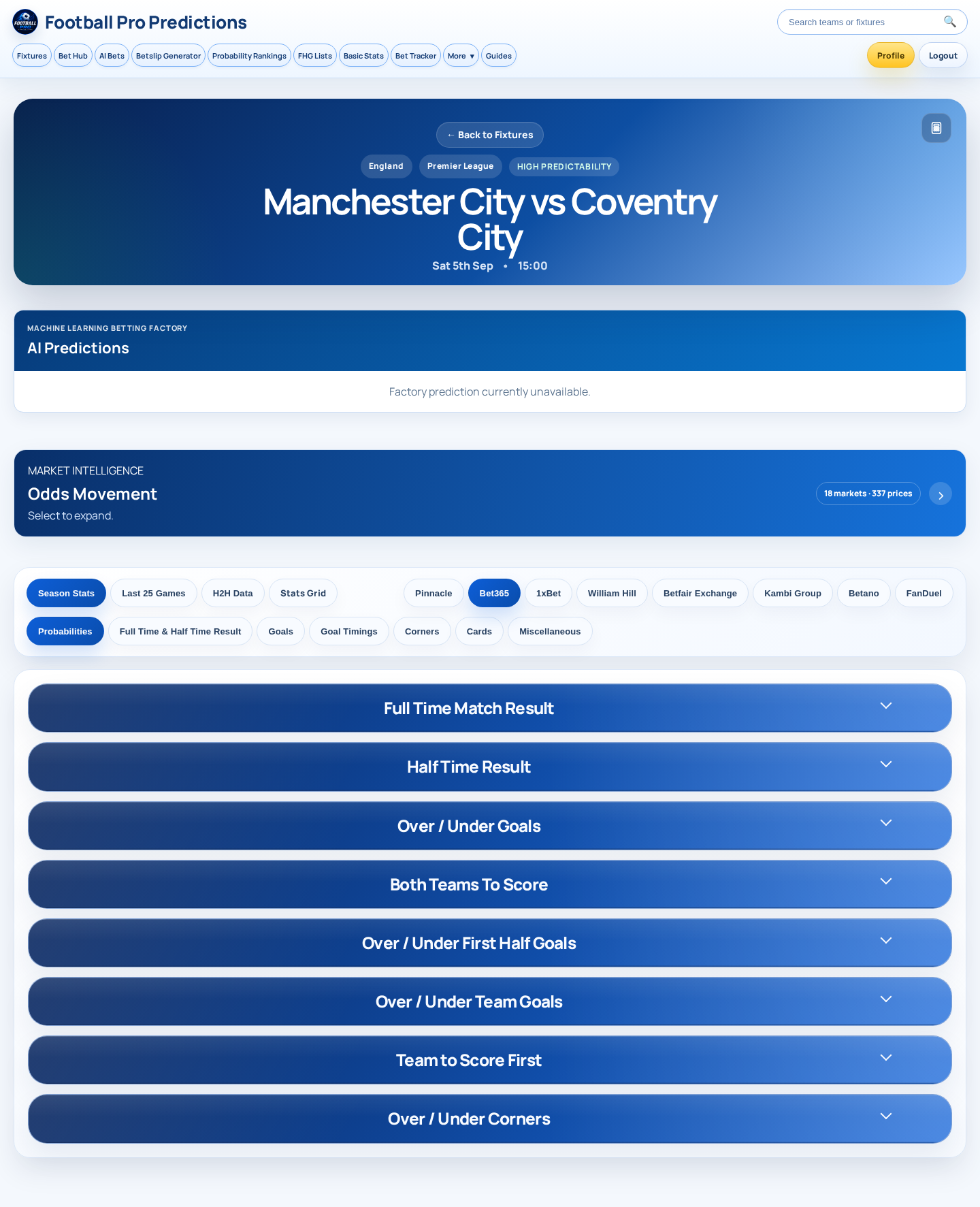 Season statistics for Manchester City vs Coventry City