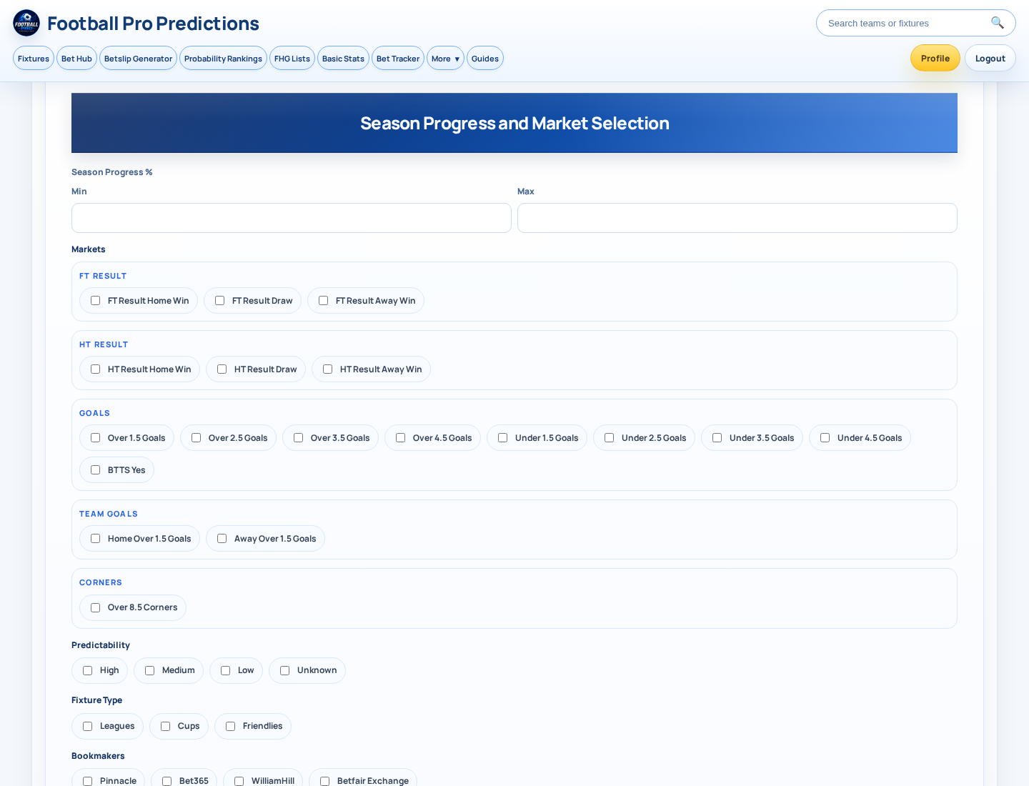 Filtered Value Bets strategy builder — name the strategy, select its market and define the qualifying ranges.