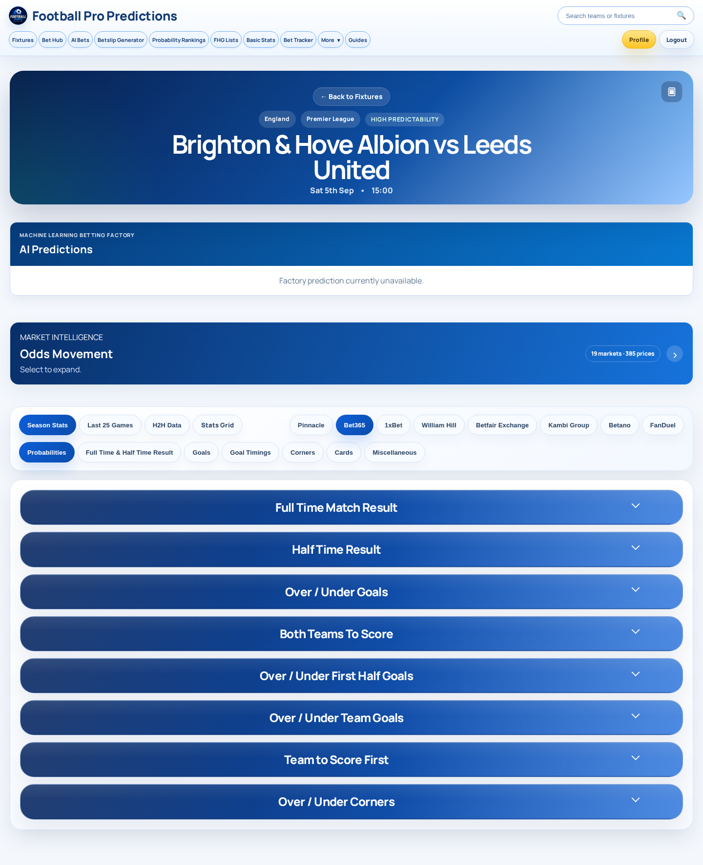 Season statistics for Brighton & Hove Albion vs Leeds United