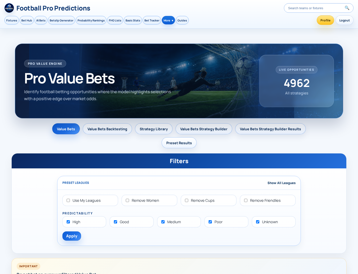 Screenshot of Football Pro Predictions’ Pro Value Bets page showing a banner, navigation tabs and filters for leagues and predictability.