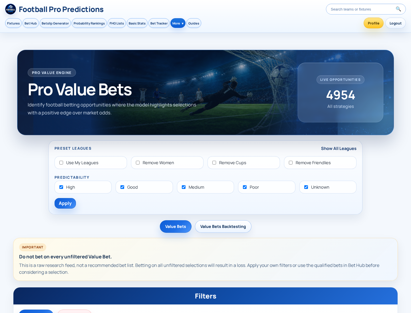 Value Bets board — compare the market, probability, implied odds, bookmaker price and displayed value before applying filters.